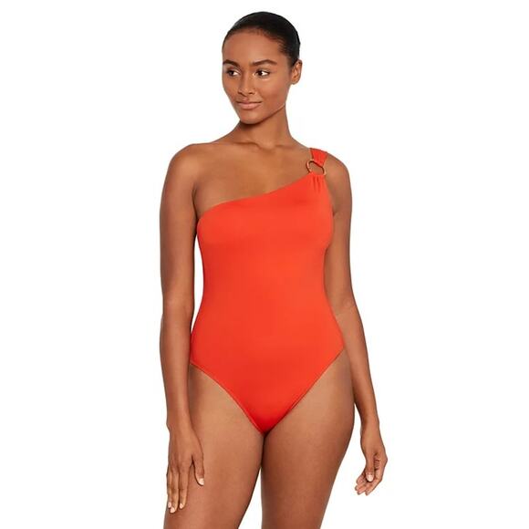 Lauren Ralph Lauren Women's One-Shoulder Swimsuit In Papaya - Picture 1 of 6